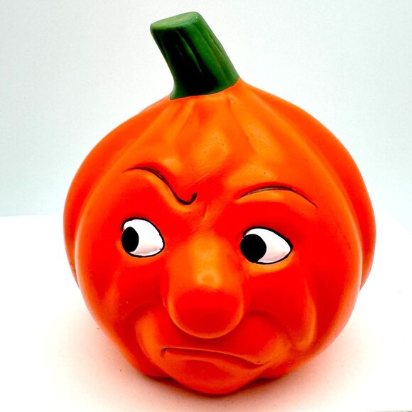 Grumpy Pumpkin Figurine Jack O Lantern Halloween Decor 4" Orange Vintage Funny F - Picture 1 of 7